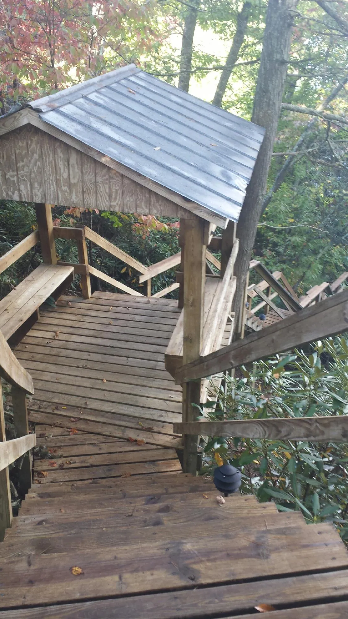 Metal roofed shelter over wooden steps on a wooded walkway — Skylight Repair & Installation work by our crew in Blythe